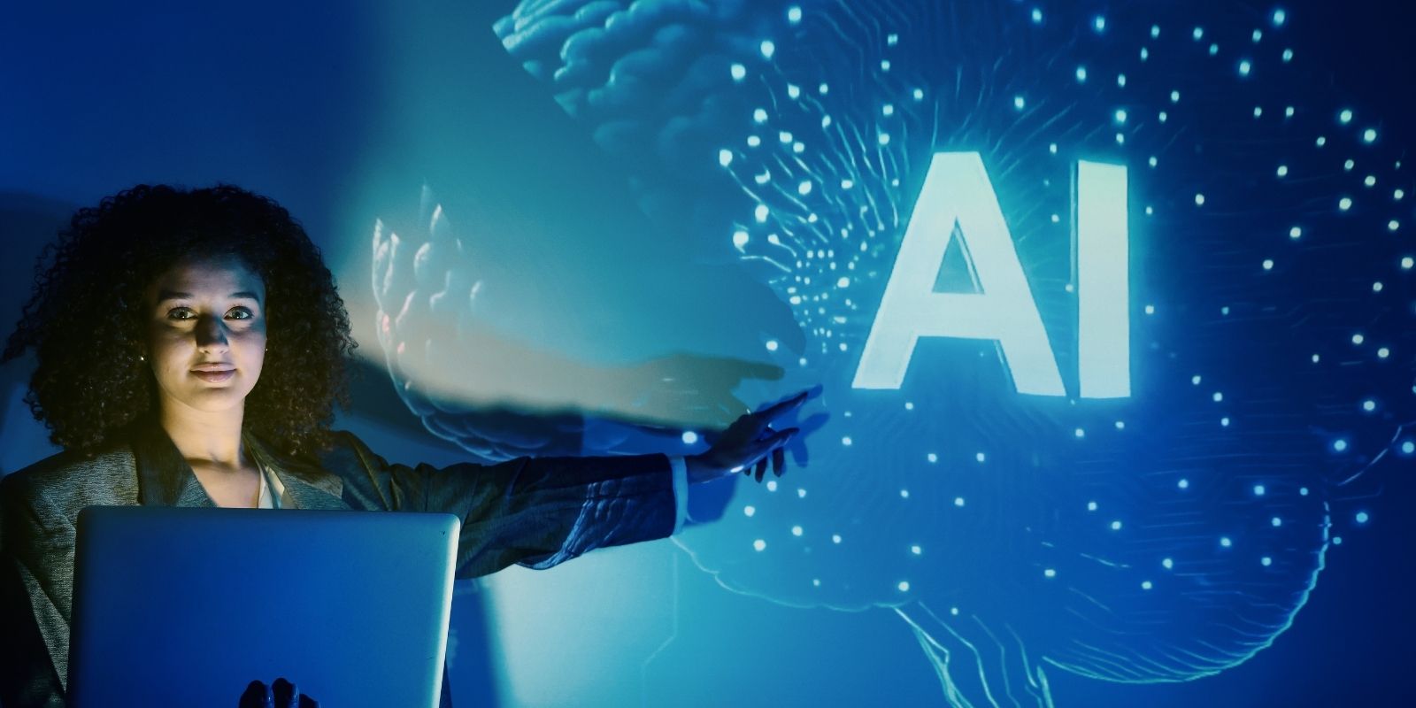 Woman interacting with an AI interface hologram, symbolizing governance, AI ethics, transparency, and responsible AI transformation