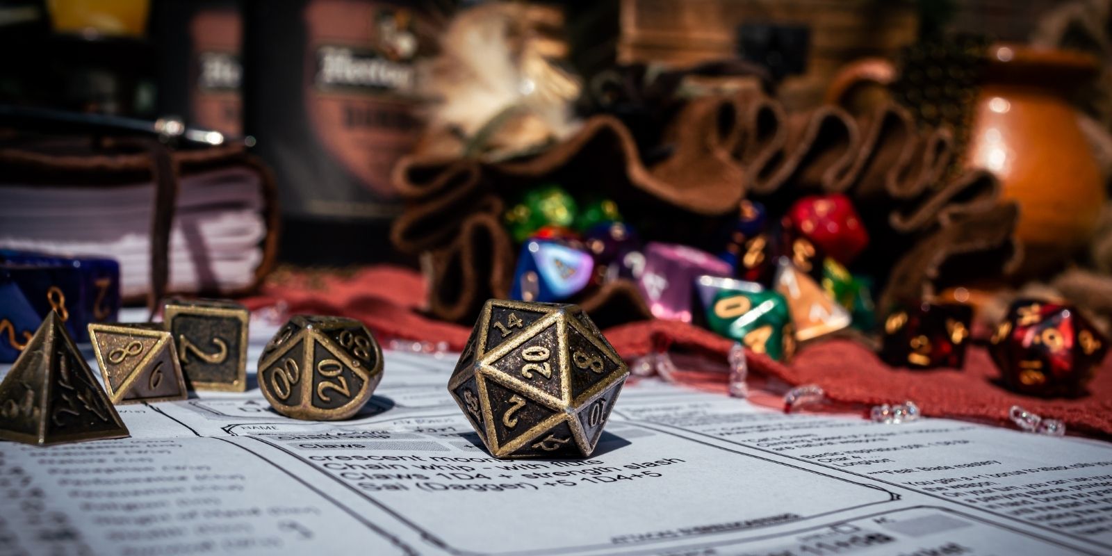 Dungeons and Dragons tabletop setup with dice, character sheets, and miniatures, a classic RPG setting where metagaming challenges player immersion