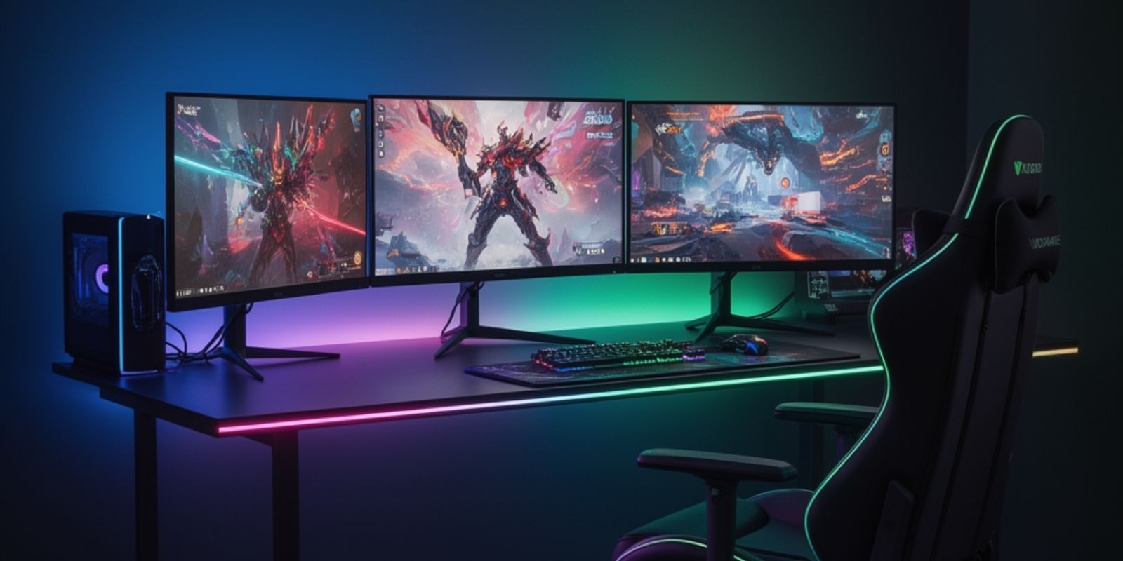 Triple monitor setup gaming desk with three aligned displays, ergonomic positioning, proper cable management, and multi-screen immersive gameplay environment