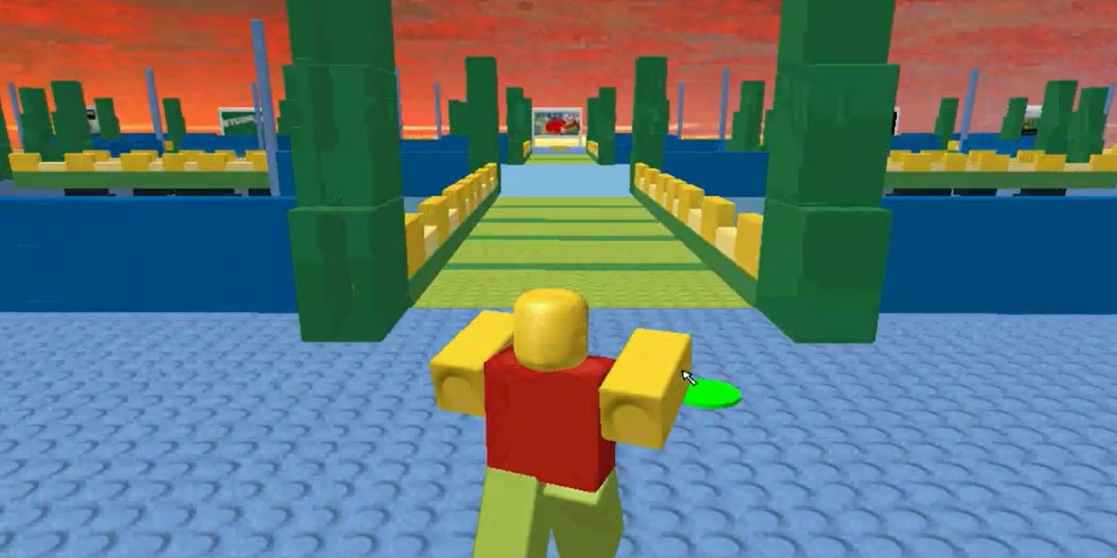 Classic Rocket Arena gameplay scene from early Roblox showing block-style characters in a floating combat arena (2006).