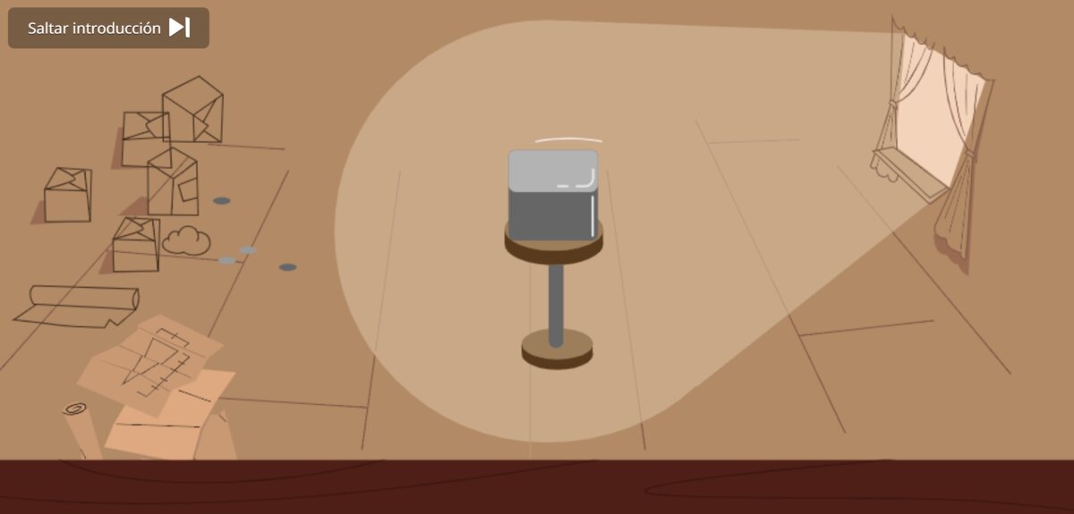 The doodle intro animation: a block of grey clay on a workshop stand under a spotlight