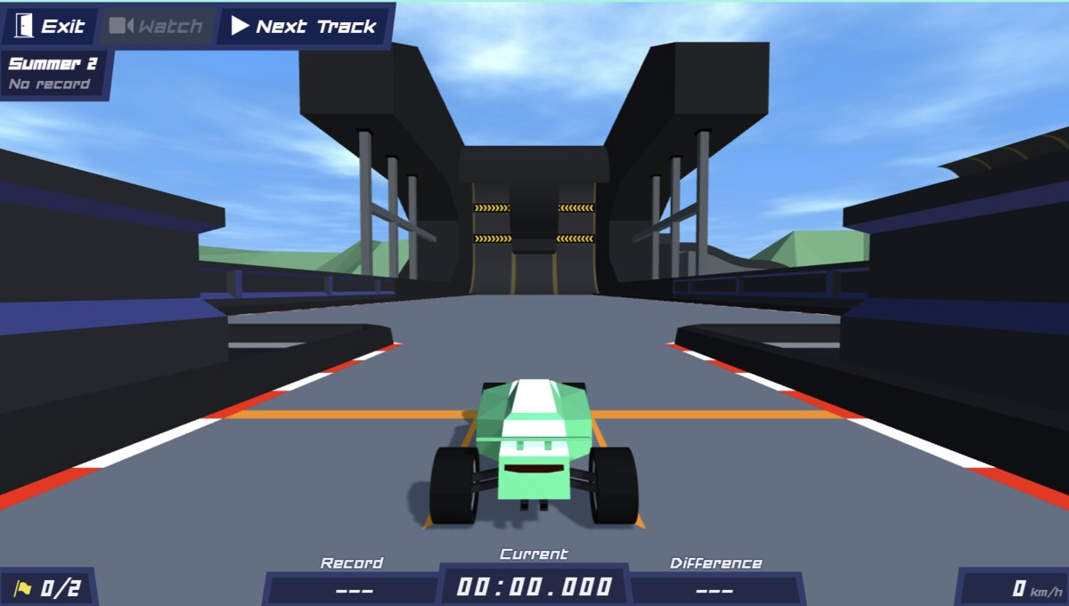 The low-poly PolyTrack car at a start line, with a Record, Current and Difference timer across the bottom of the screen