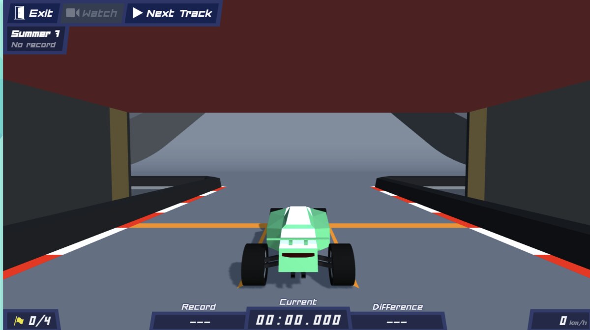 A later PolyTrack track, Summer 7, starting under a covered ramp with a four-checkpoint counter