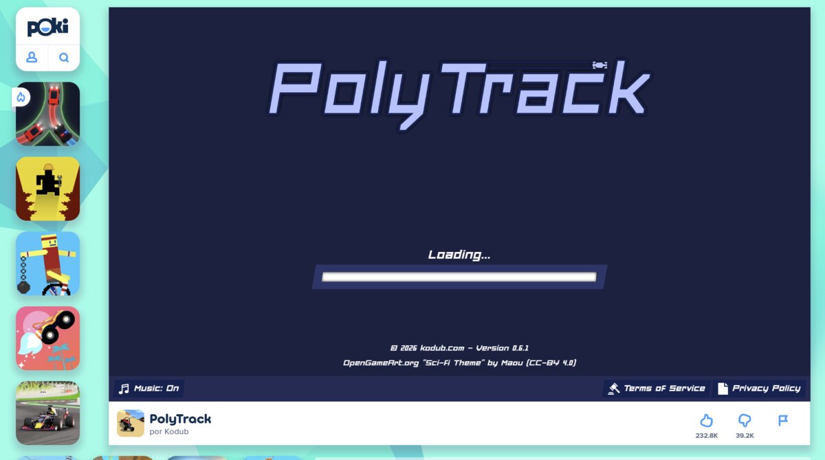 PolyTrack loading inside the Poki game portal, with a sidebar of other games and the version number 0.6.1