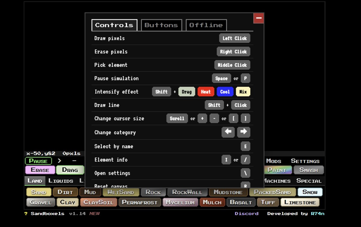 The in-game Sandboxels controls panel listing left click to draw, right click to erase, middle click to pick element, and R to reset the canvas