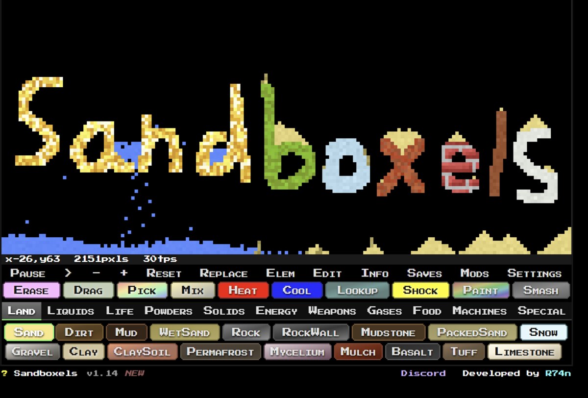The Sandboxels title screen, spelled out in sand and other elements, with the Land category open below