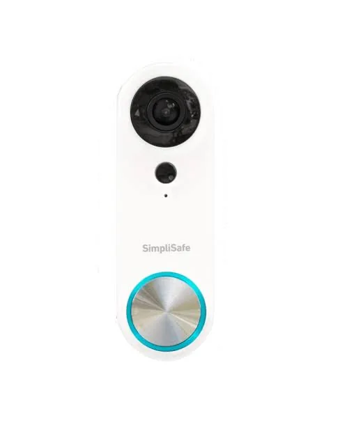 SimpliSafe Video Doorbell Pro front view showing the 1080p camera, motion sensor and metal button with illuminated ring