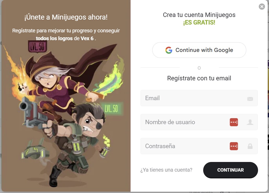 A game portal signup modal asking the player to create an account with Google or with an email address, username and password, in order to save Vex 6 progress