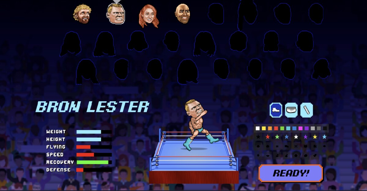 Wrestle Bros character select screen showing Bron Lester and his six stat bars