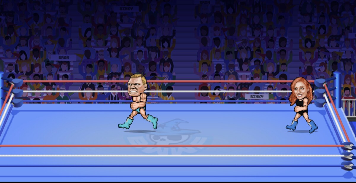 A Wrestle Bros match in progress, Bron Lester facing the red-haired wrestler Binky across the ring