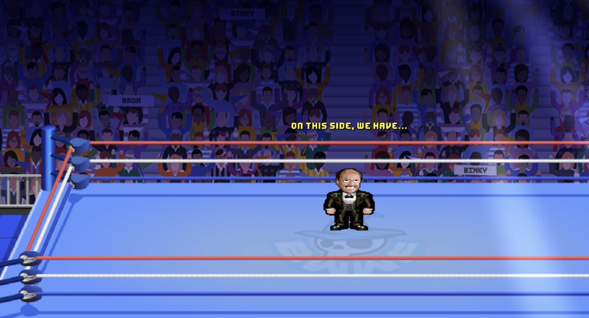 The Wrestle Bros ring announcer in a tuxedo, with the caption on this side we have, and crowd signs reading BRON and BINKY