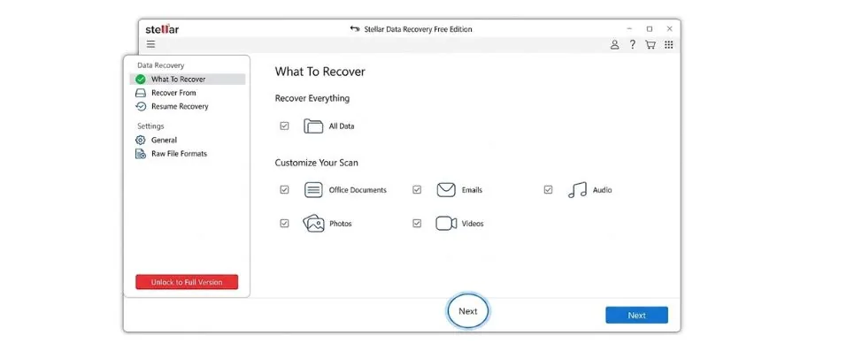 Stellar Data Recovery Free software interface