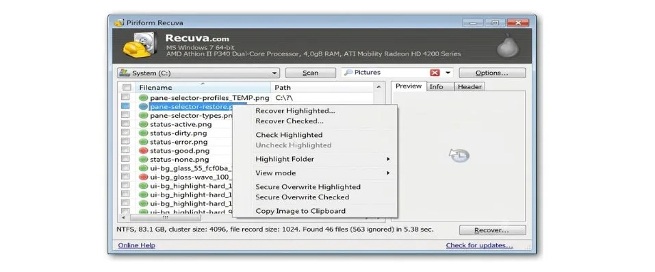 Recuva data recovery software interface