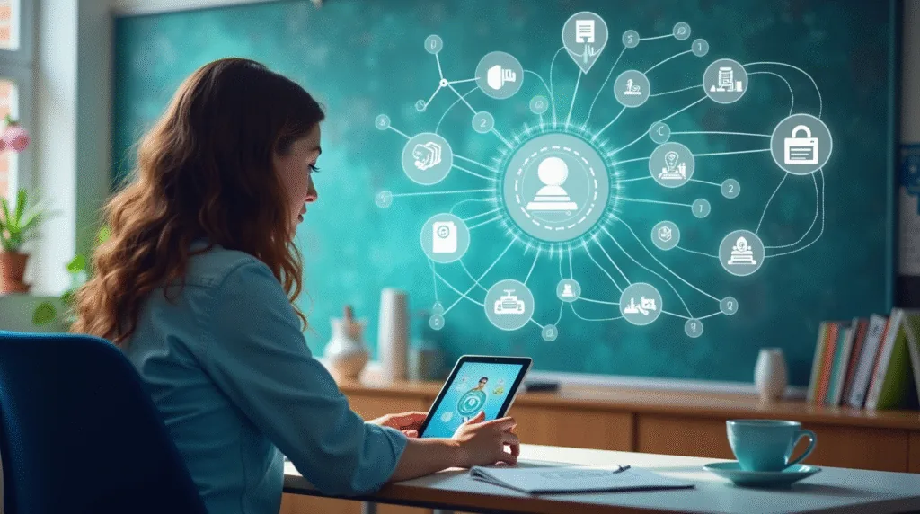 Teacher using a tablet beside an illustrated connected-learning board