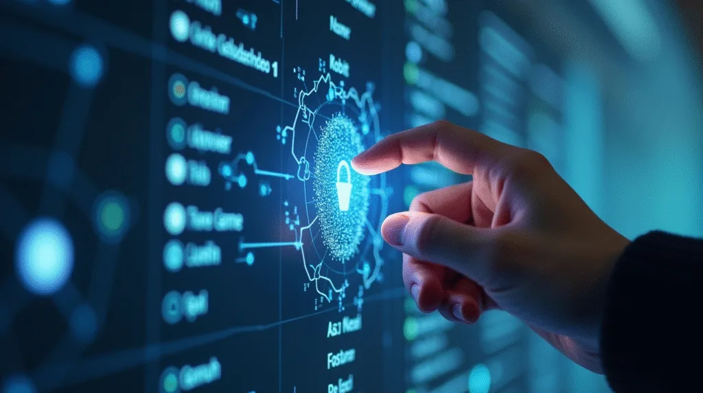 Hand touching a digital padlock on a security dashboard