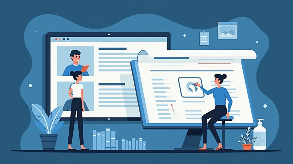 Illustration of people collaborating on website layouts