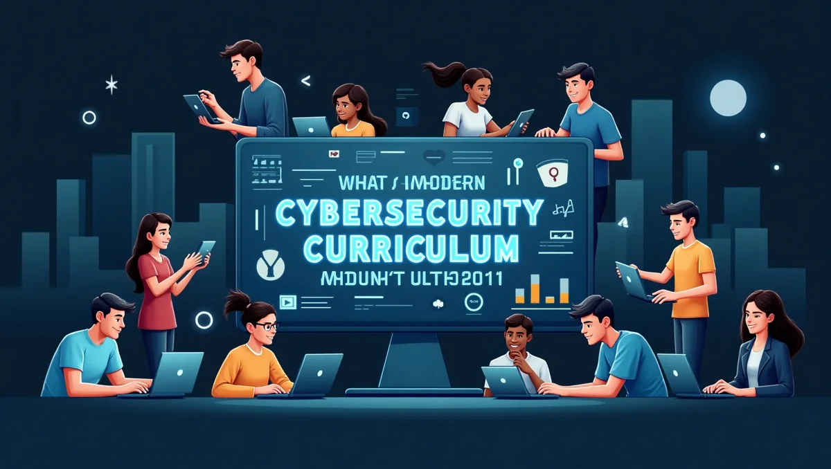Illustration of students using laptops around a cybersecurity classroom display