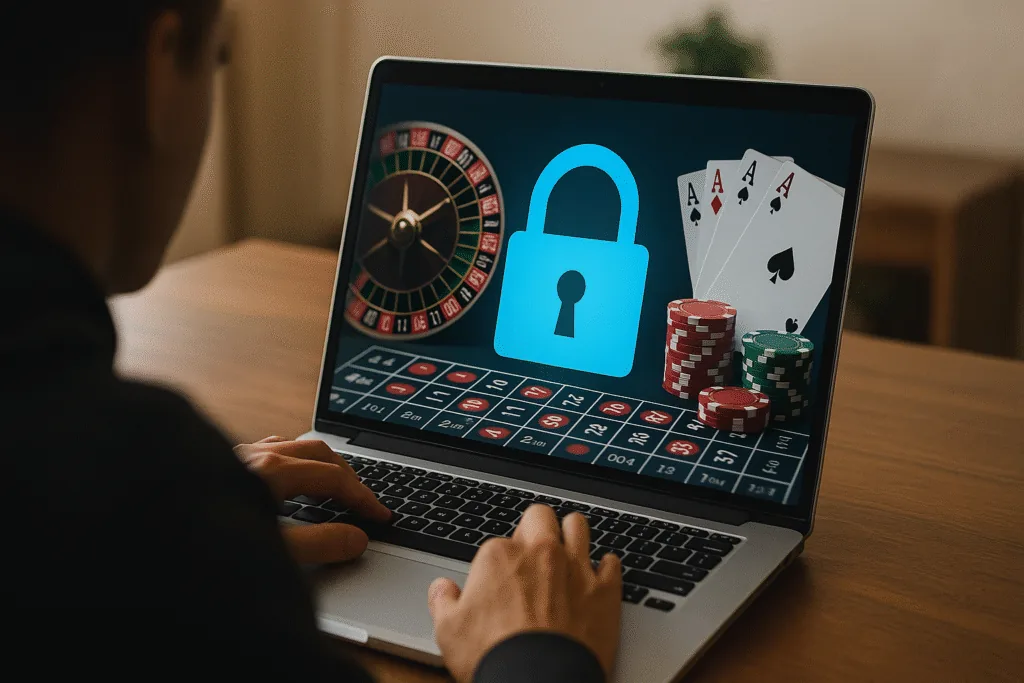 Laptop displaying a padlock and casino game symbols