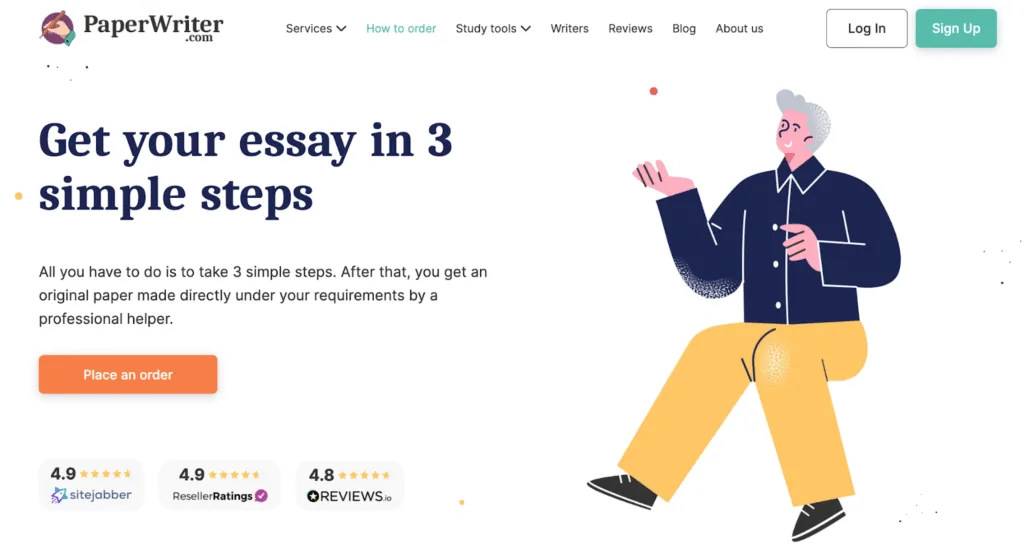 PaperWriter website describing a three-step writing service