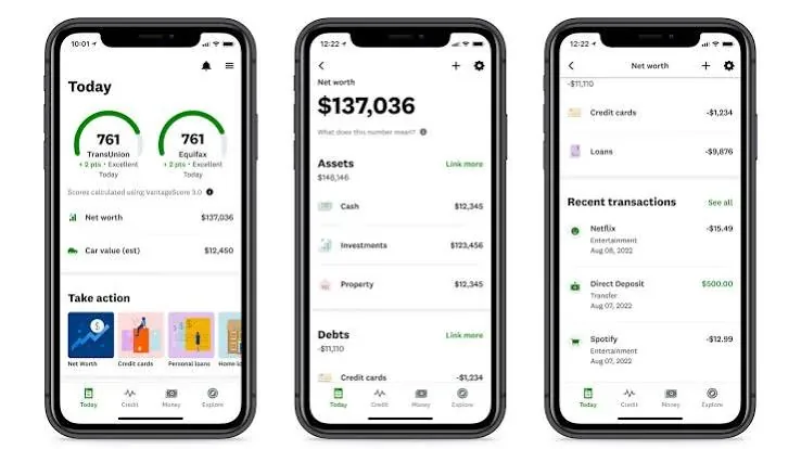 Credit Karma app screens on three phones showing TransUnion and Equifax credit scores and net worth