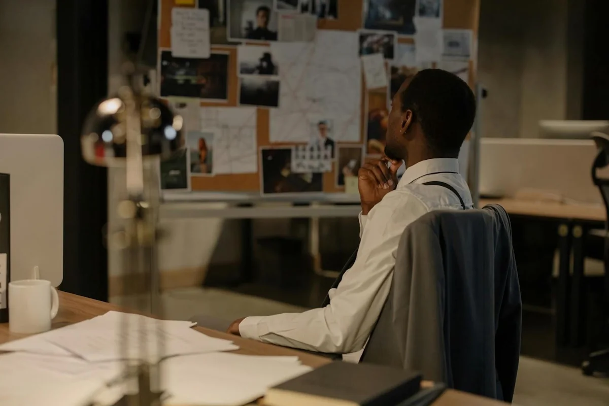 Investigator seated at a desk facing a board of case notes