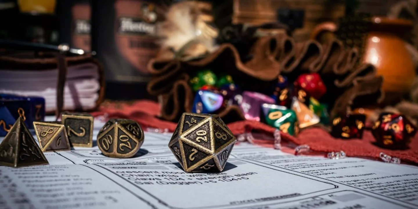 Dungeons and Dragons tabletop setup with dice, character sheets, and miniatures, a classic RPG