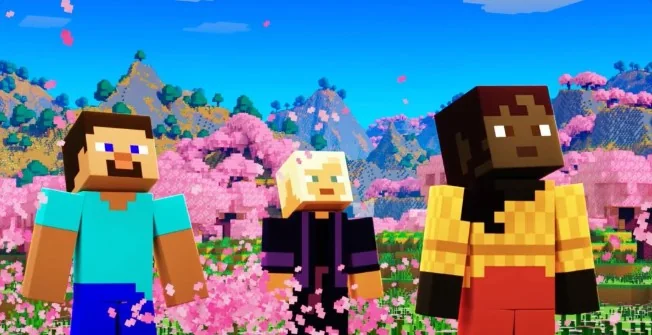 Three Minecraft characters among pink blossoms