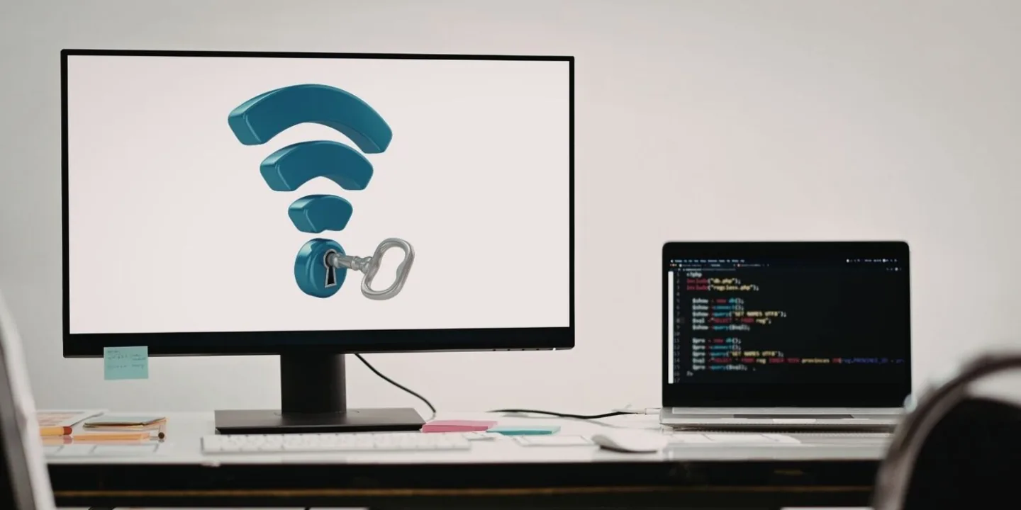 Computer displaying a Wi-Fi symbol with a key icon representing a network security key and wireless