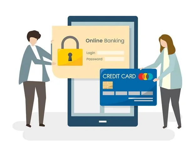 Illustration of a padlock, online banking screen and payment card