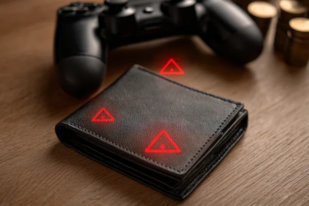 Wallet with warning symbols beside a game controller