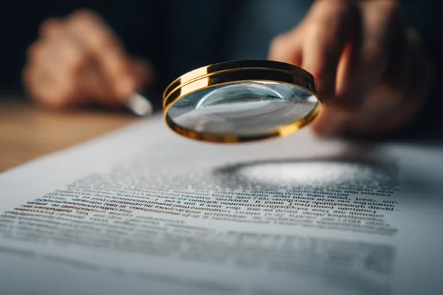 Magnifying glass examining a written document