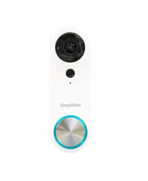 SimpliSafe Video Doorbell Pro front view showing the 1080p camera, motion sensor and metal button