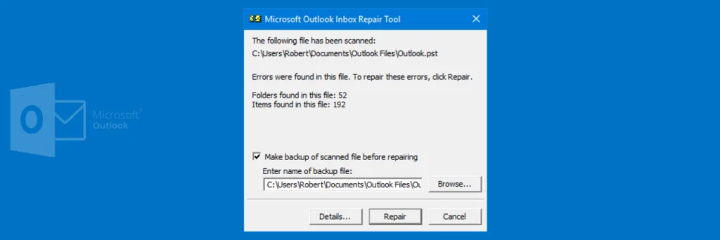 Stappen om Scanpst.exe te gebruiken