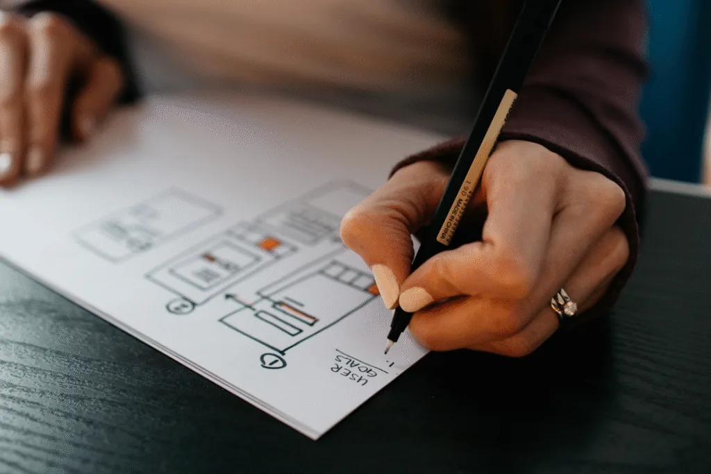 Hand sketching a website interface on paper