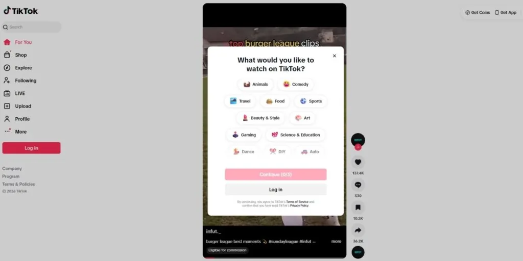 TikTok web version interface open in a desktop browser on PC