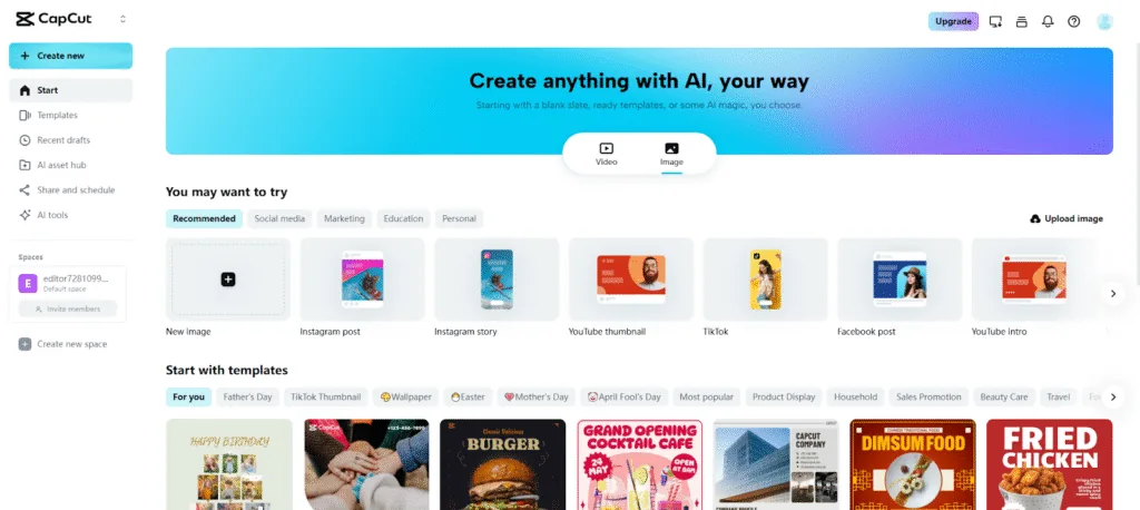 CapCut home screen with design templates