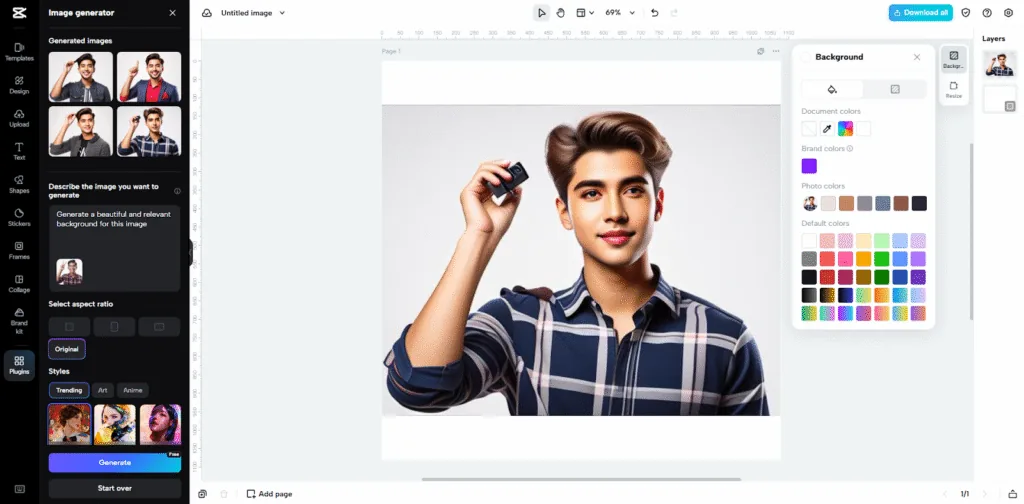 Image editor showing a portrait with background controls