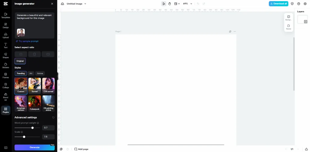 CapCut editor showing an empty canvas