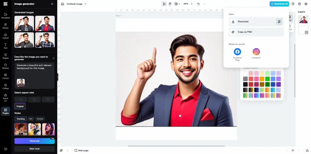 Image editor showing a portrait with background colour controls