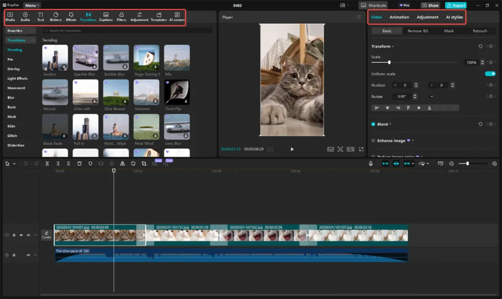 Video-editing timeline and media library