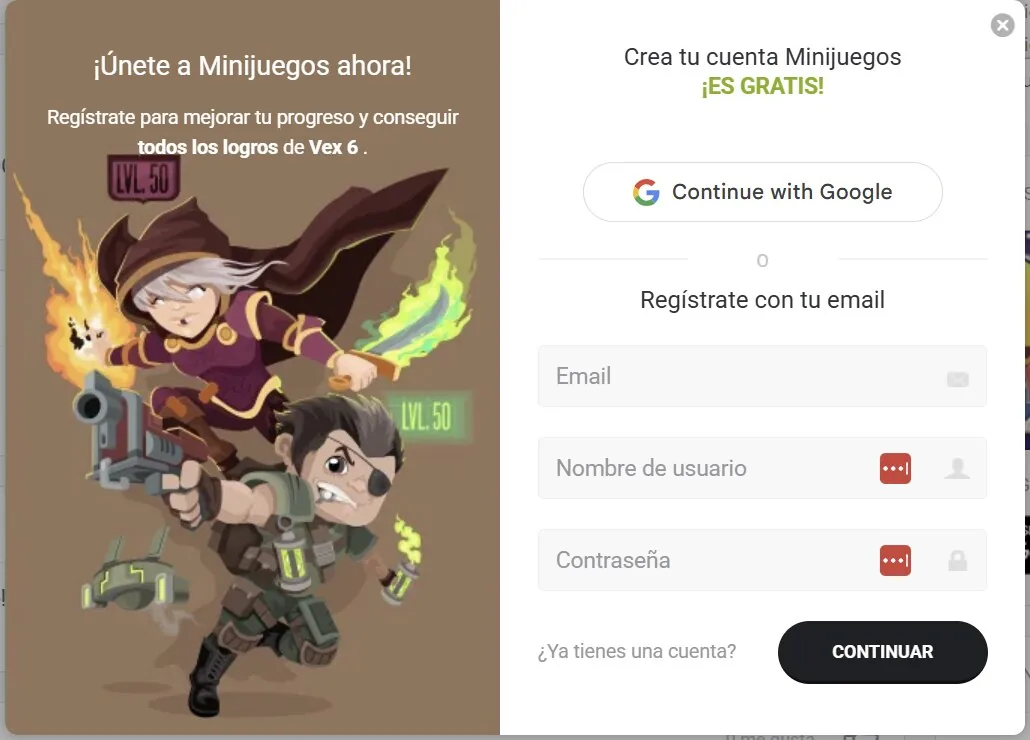 A game portal signup modal asking the player to create an account with Google or with an email
