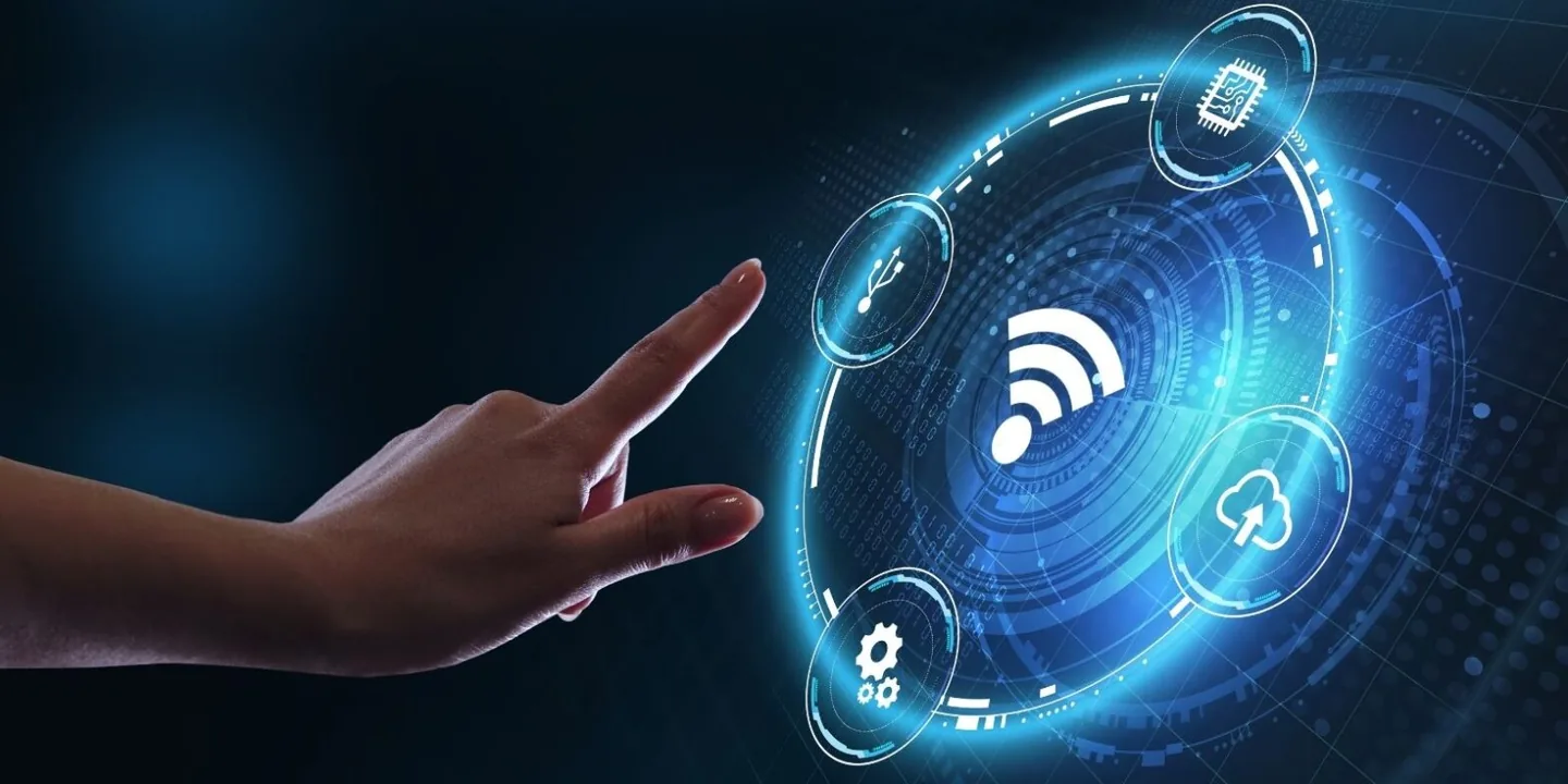 Wi-Fi sign with wireless signal waves next to a modem connected to the internet infrastructure.