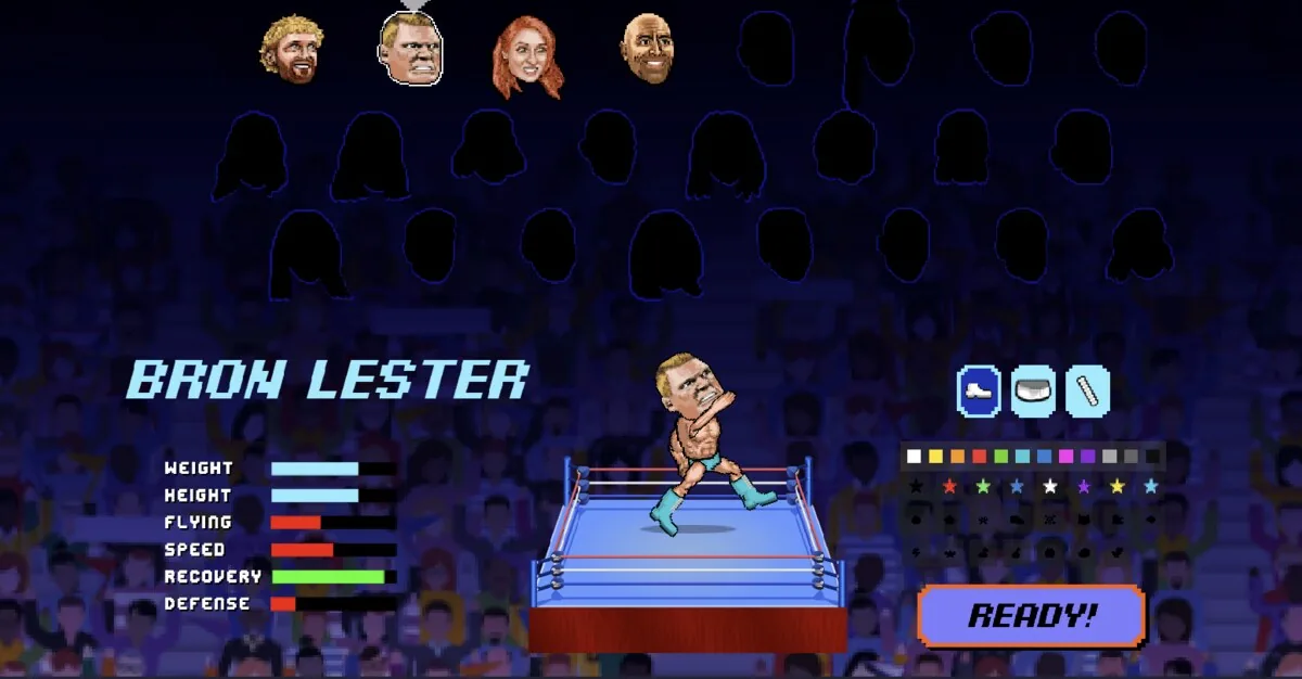 Wrestle Bros character select screen showing Bron Lester and his six stat bars